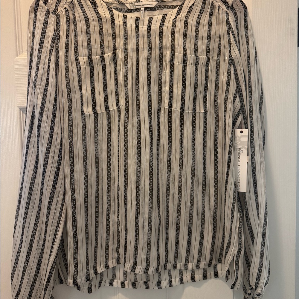 French Connection chain link sheer Black and White Striped Blouse